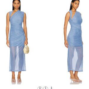 MISHA Tillie Midi Dress in Lapis Blue ruched draped sheer asymmetrical